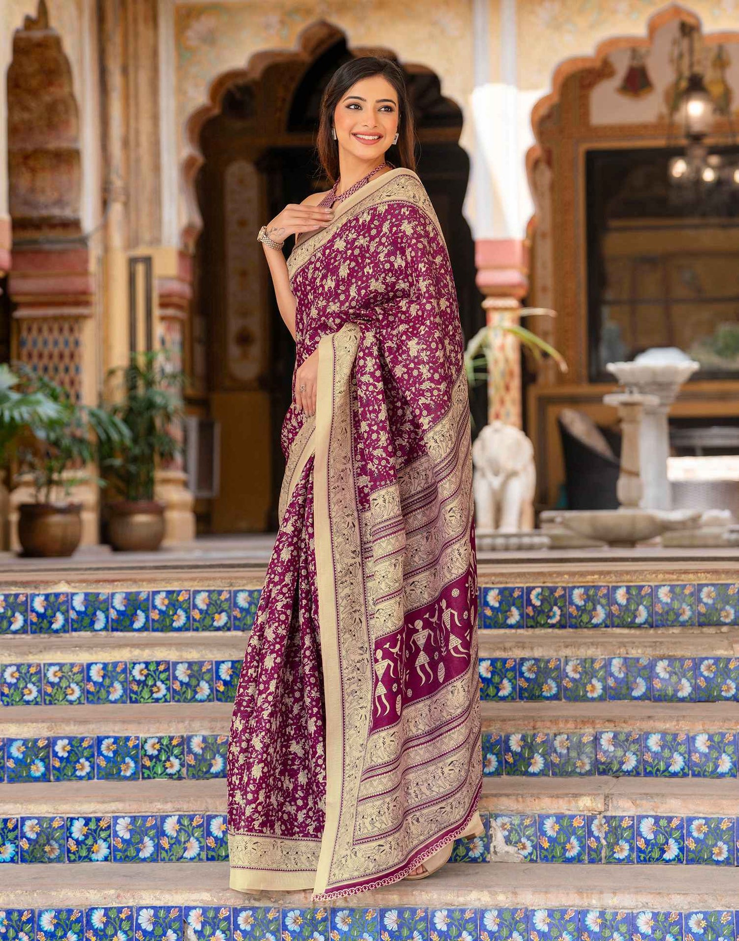 Dark Magenta Khadi Warli Printed Saree