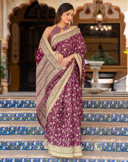 Dark Magenta Khadi Warli Printed Saree
