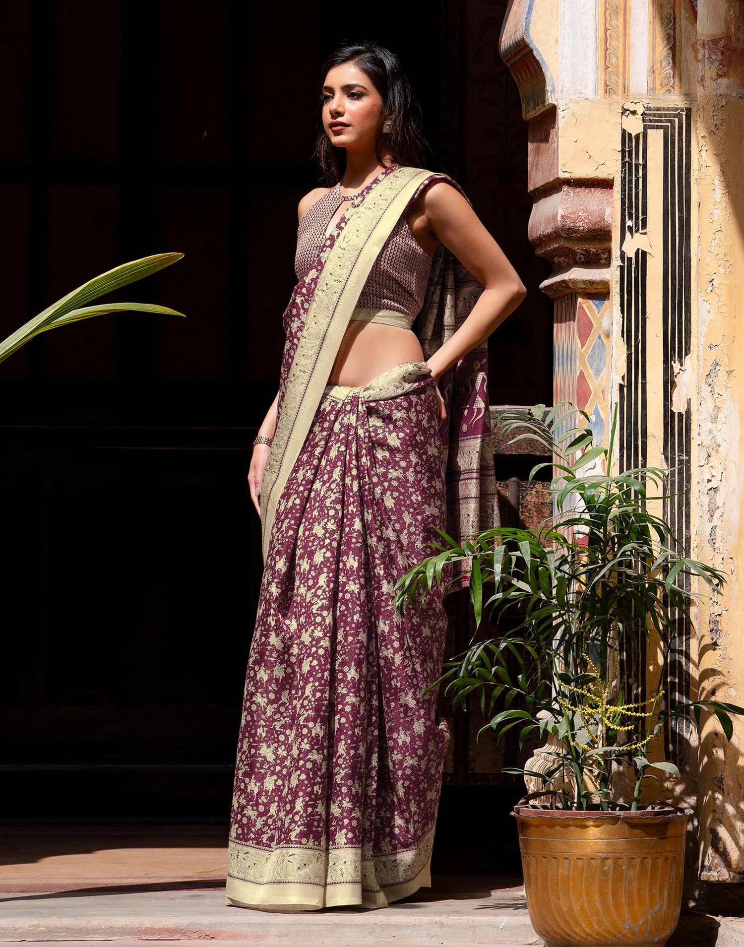 Dark Magenta Khadi Warli Printed Saree