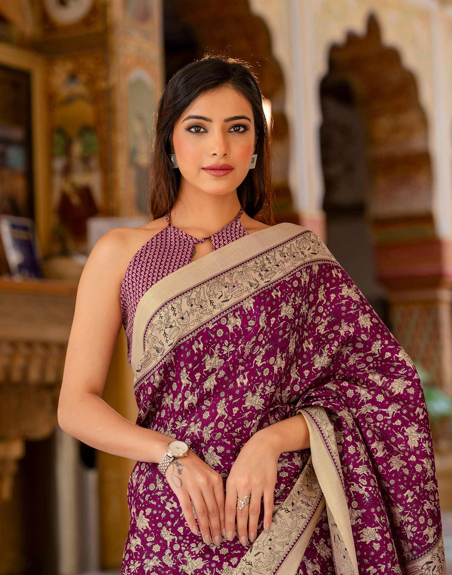 Dark Magenta Khadi Warli Printed Saree