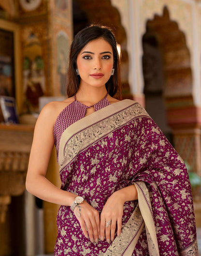 Dark Magenta Khadi Warli Printed Saree