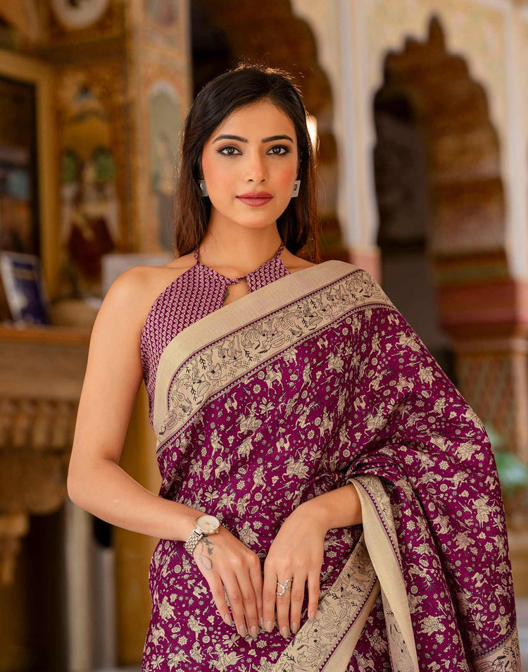 Dark Magenta Khadi Warli Printed Saree