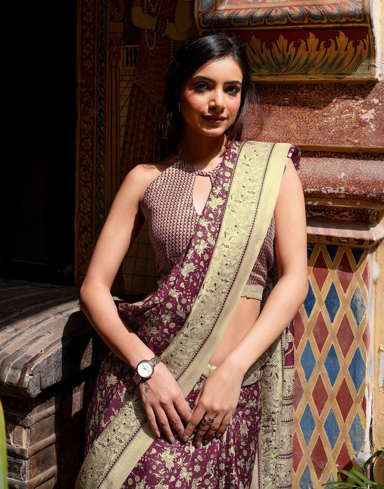 Dark Magenta Khadi Warli Printed Saree