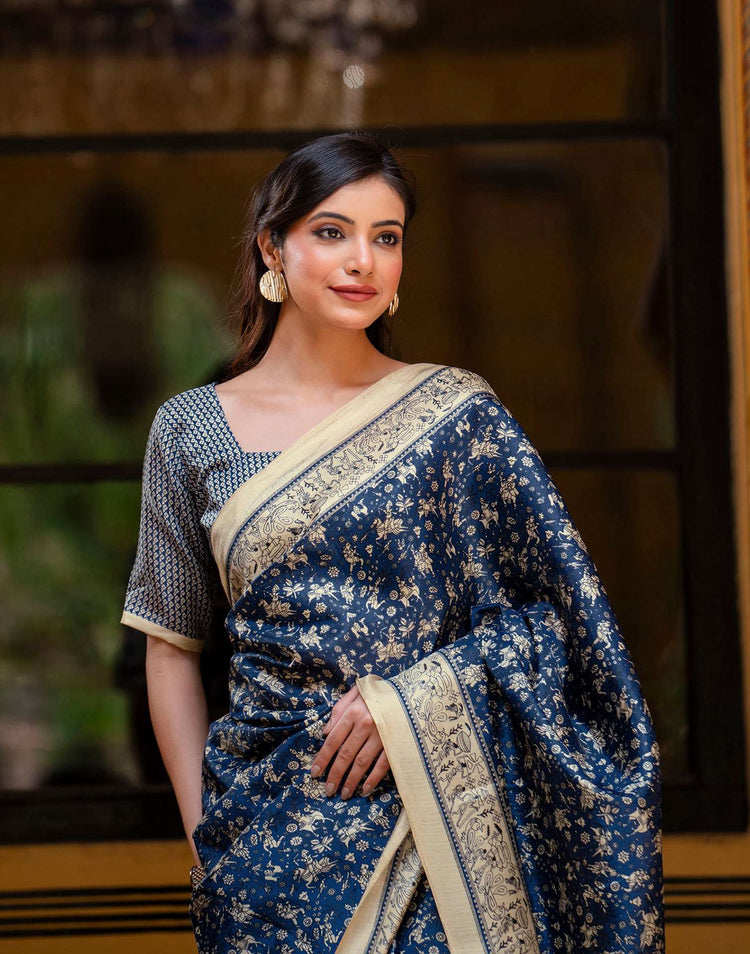 Navy Blue Khadi Warli Printed Saree