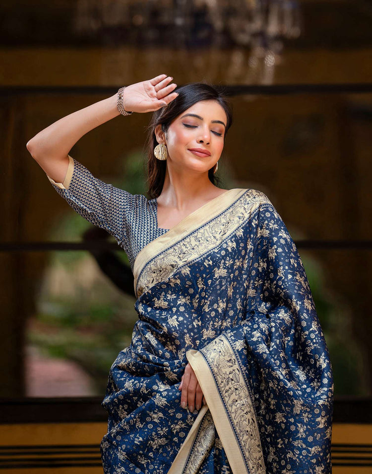 Navy Blue Khadi Warli Printed Saree