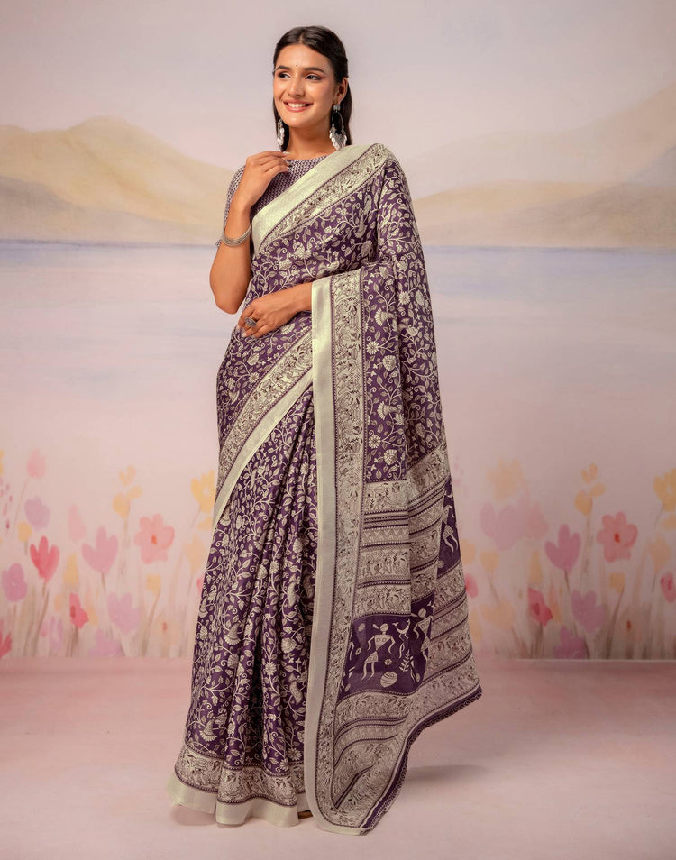 Purple Khadi Printed Warli Printed Saree