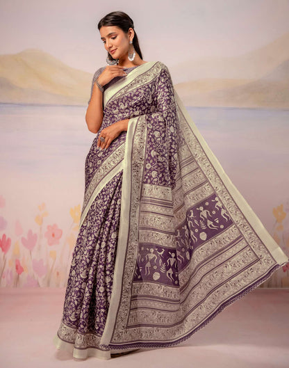 Purple Khadi Printed Warli Printed Saree