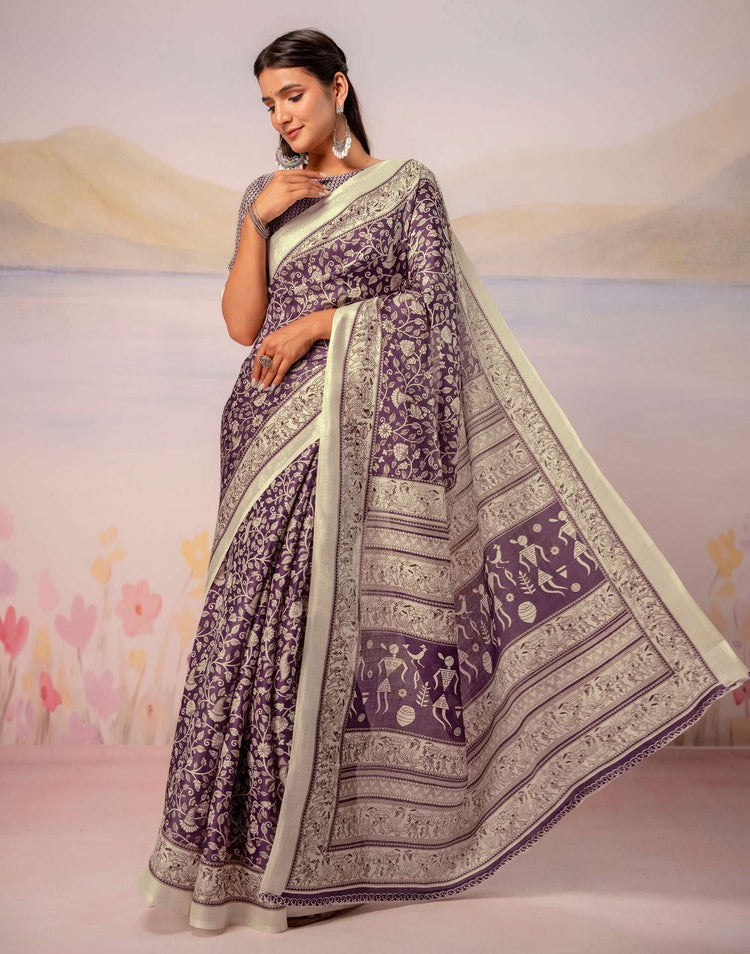 Purple Khadi Printed Warli Printed Saree