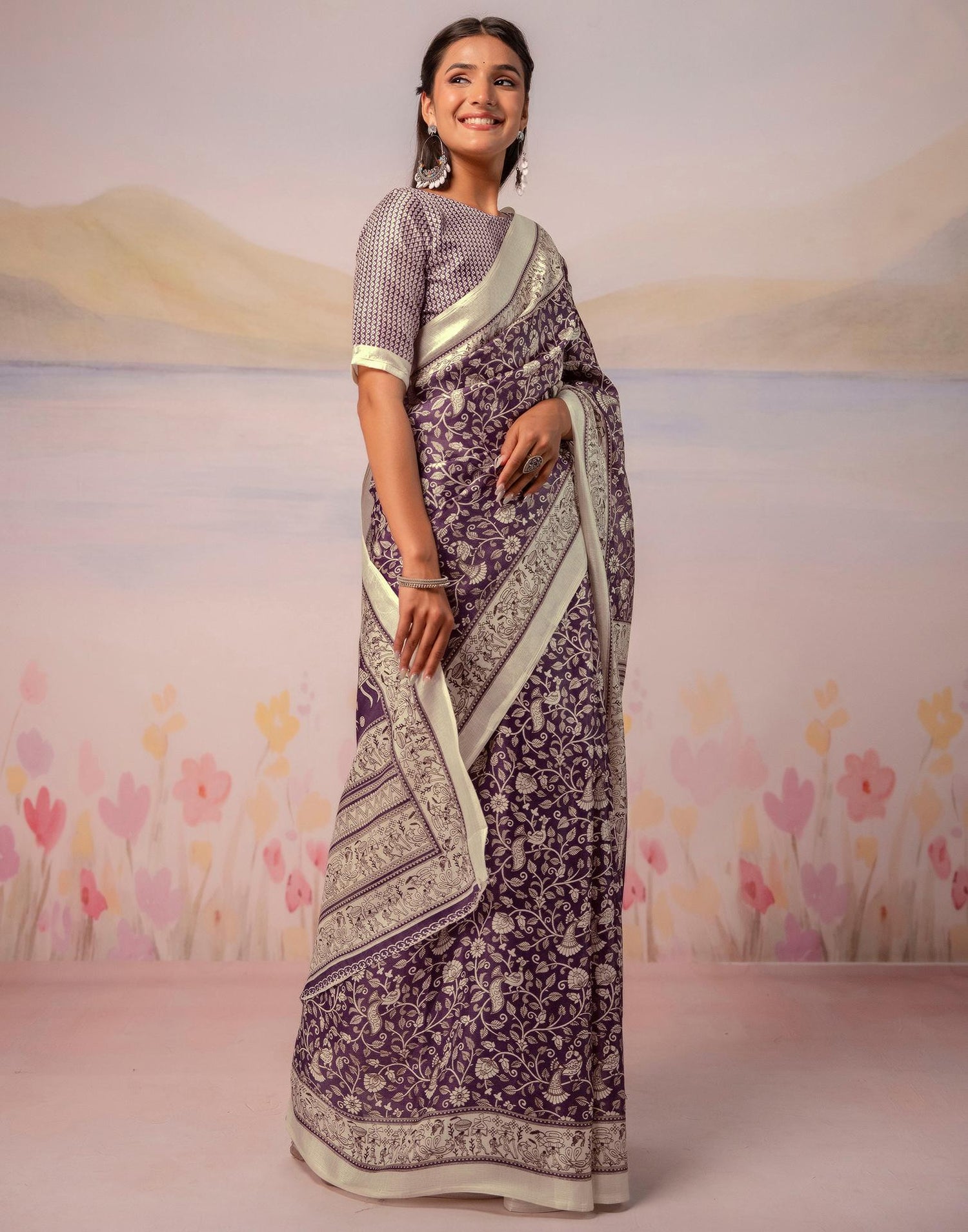 Purple Khadi Printed Warli Printed Saree