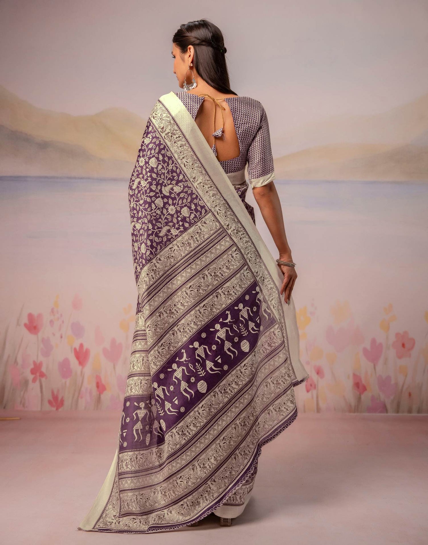 Purple Khadi Printed Warli Printed Saree
