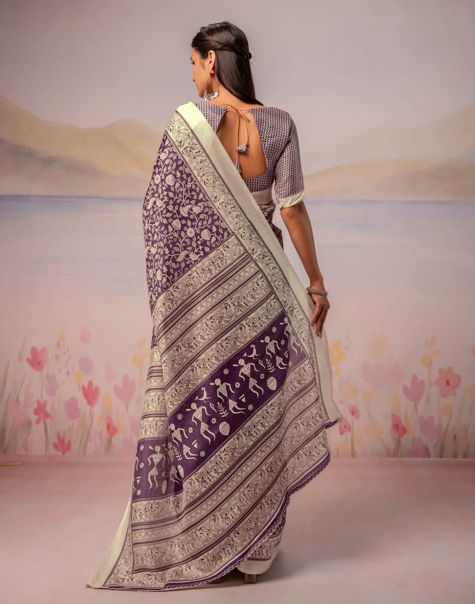 Purple Khadi Printed Warli Printed Saree