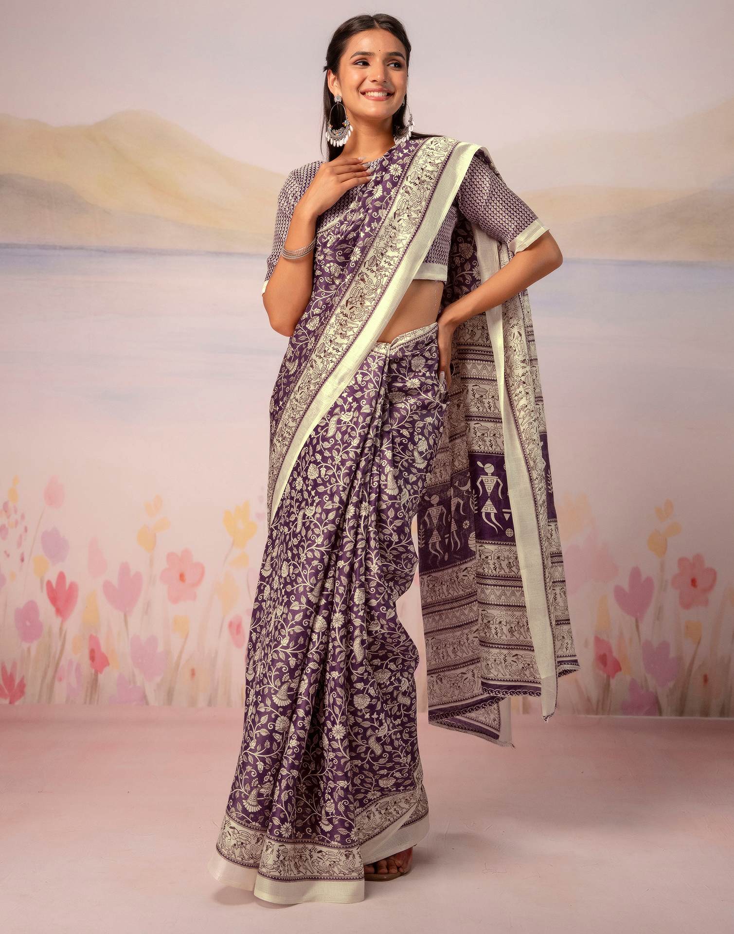 Purple Khadi Printed Warli Printed Saree