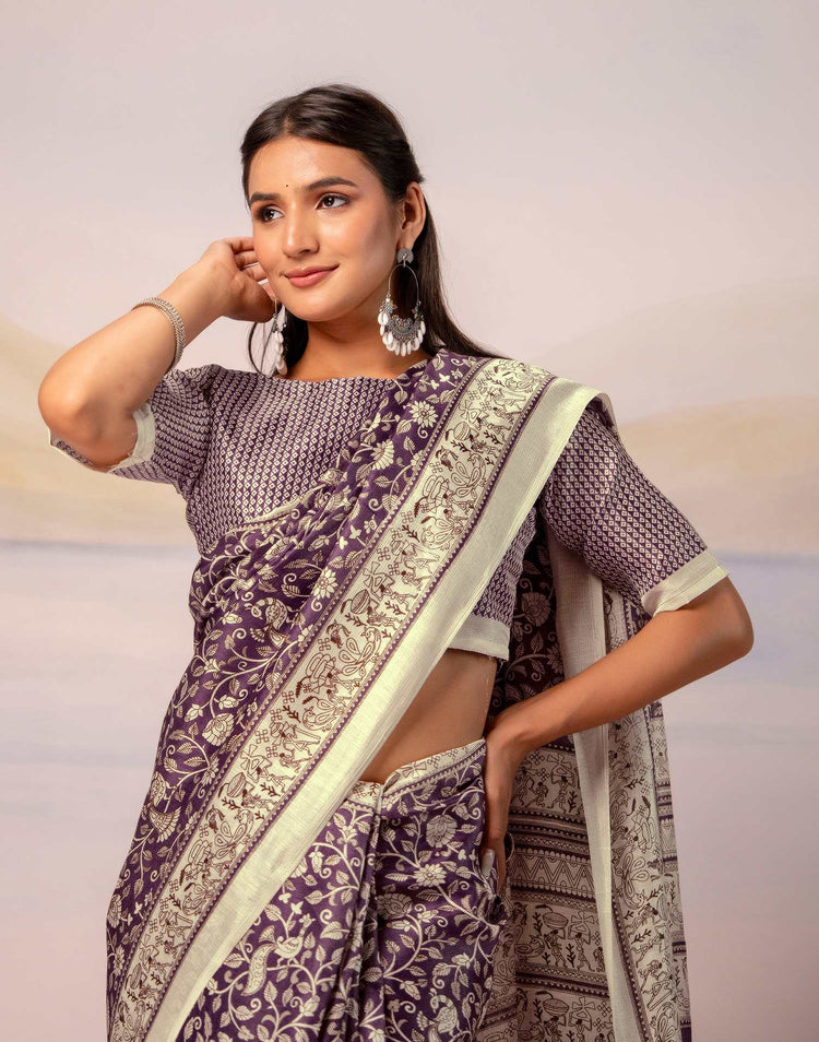 Purple Khadi Printed Warli Printed Saree