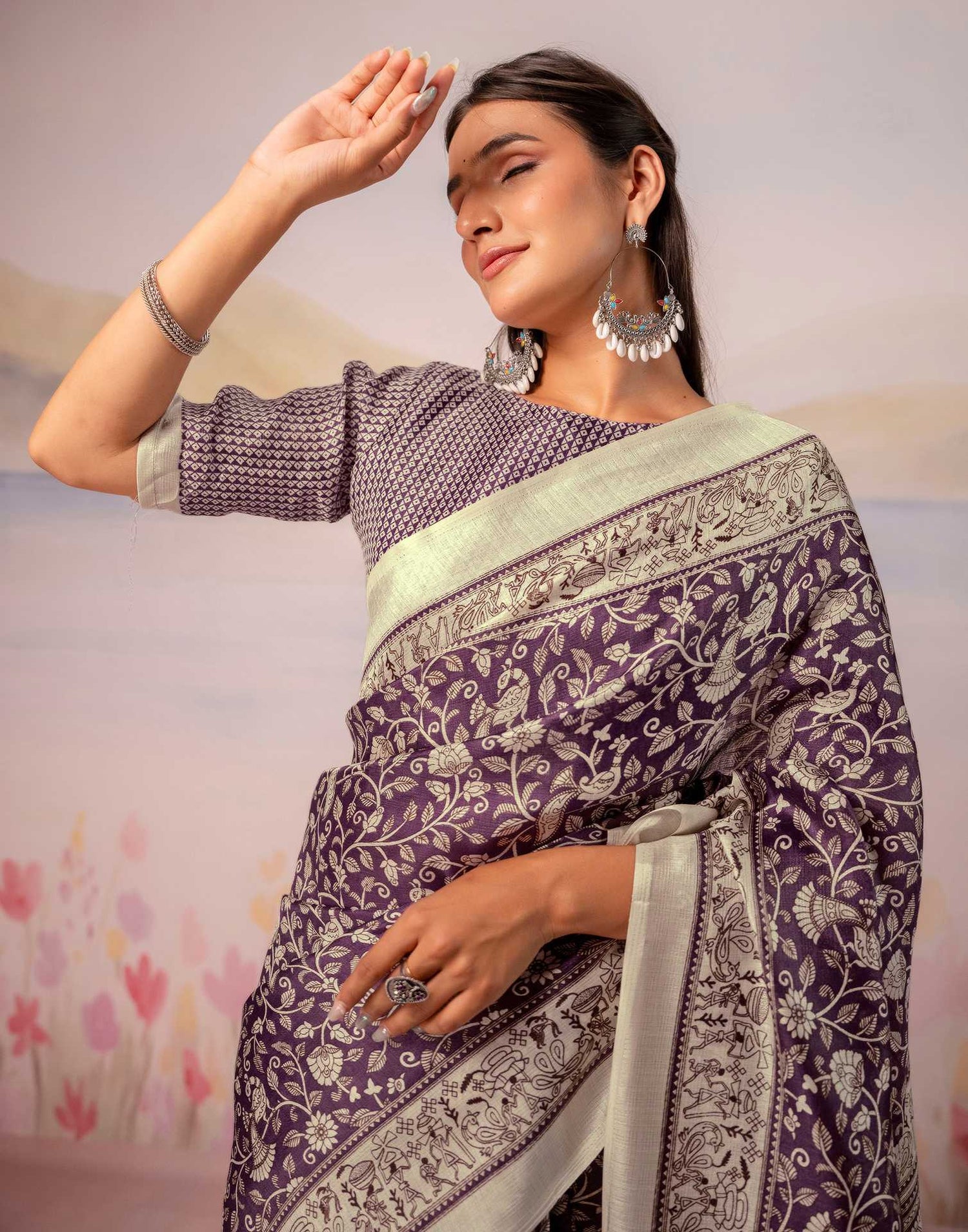 Purple Khadi Printed Warli Printed Saree