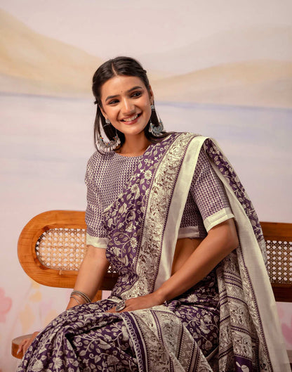 Purple Khadi Printed Warli Printed Saree