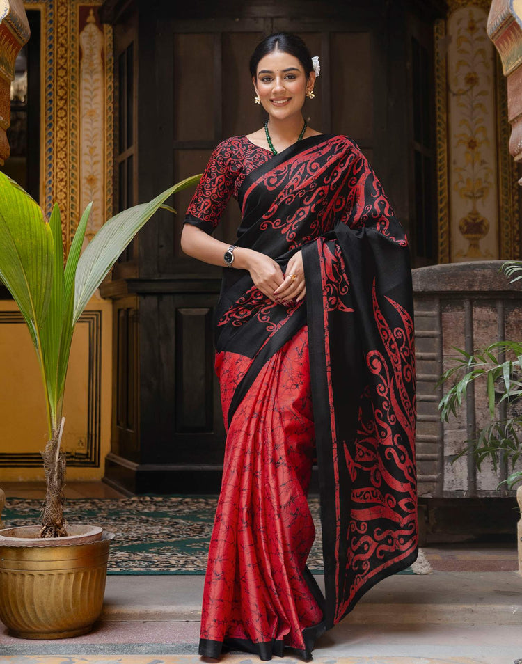 Red Khadi Abstract Printed Saree