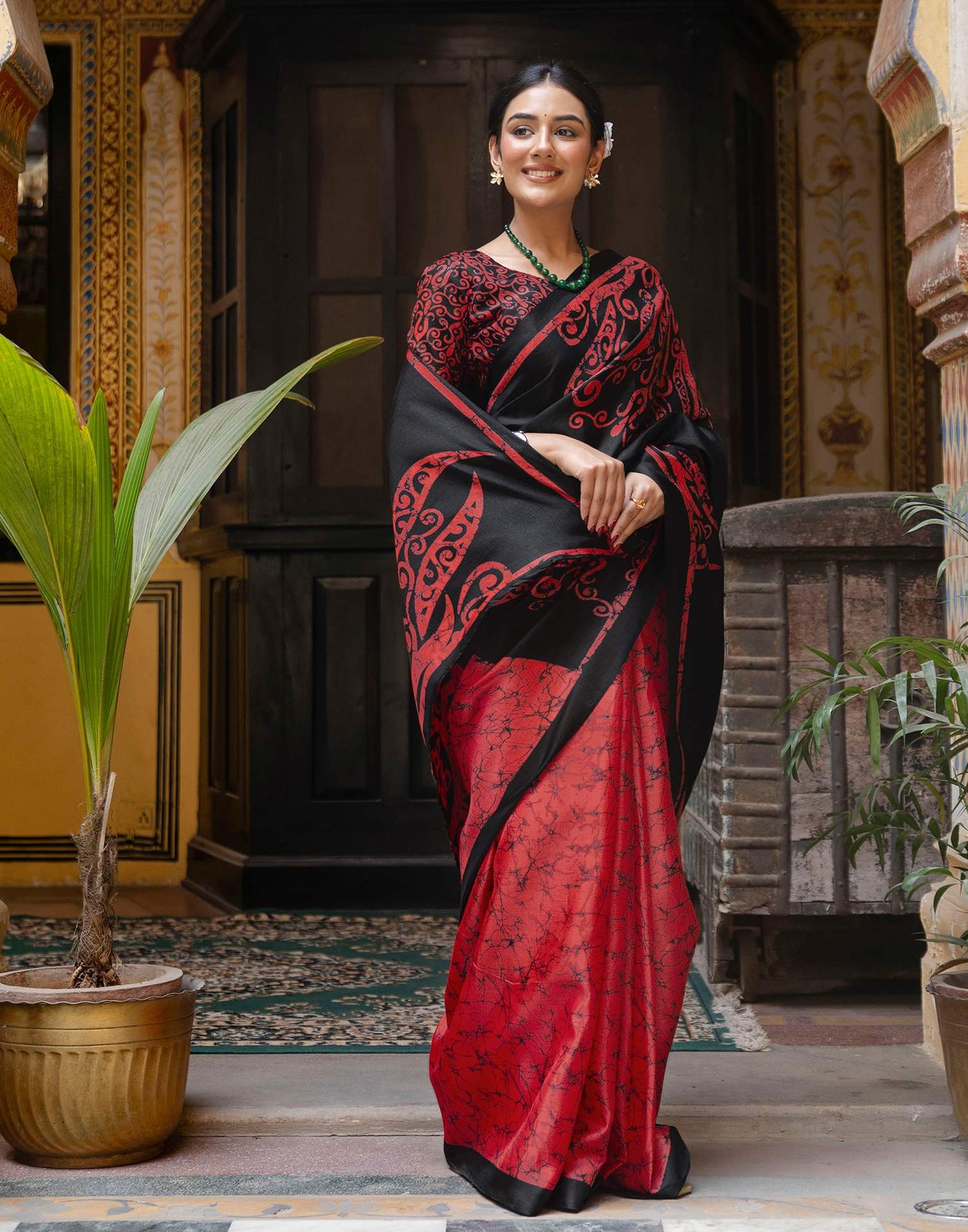 Red Khadi Abstract Printed Saree