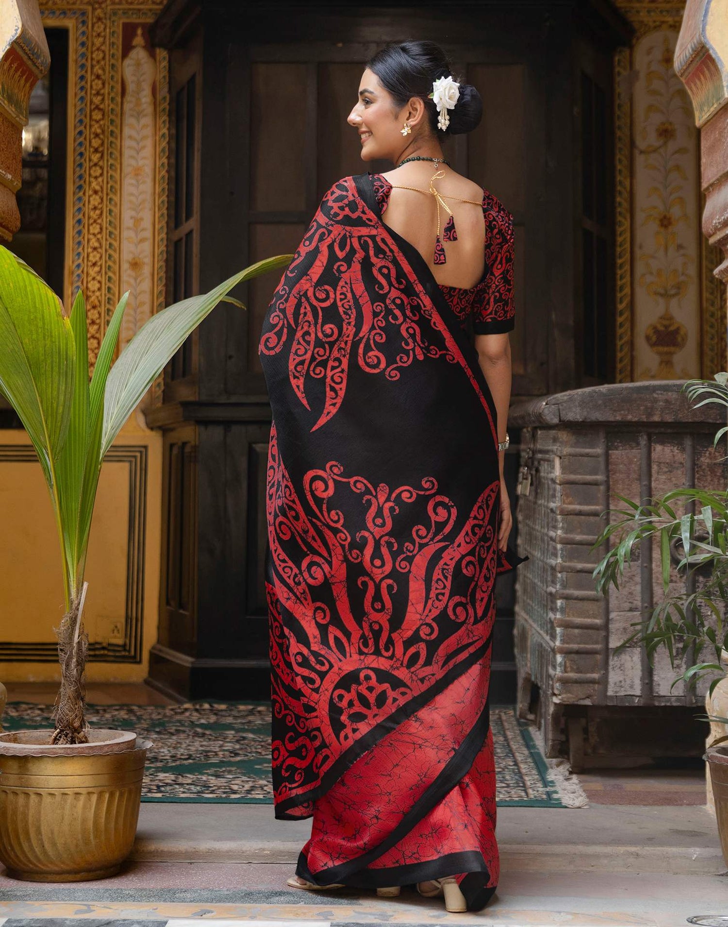 Red Khadi Abstract Printed Saree