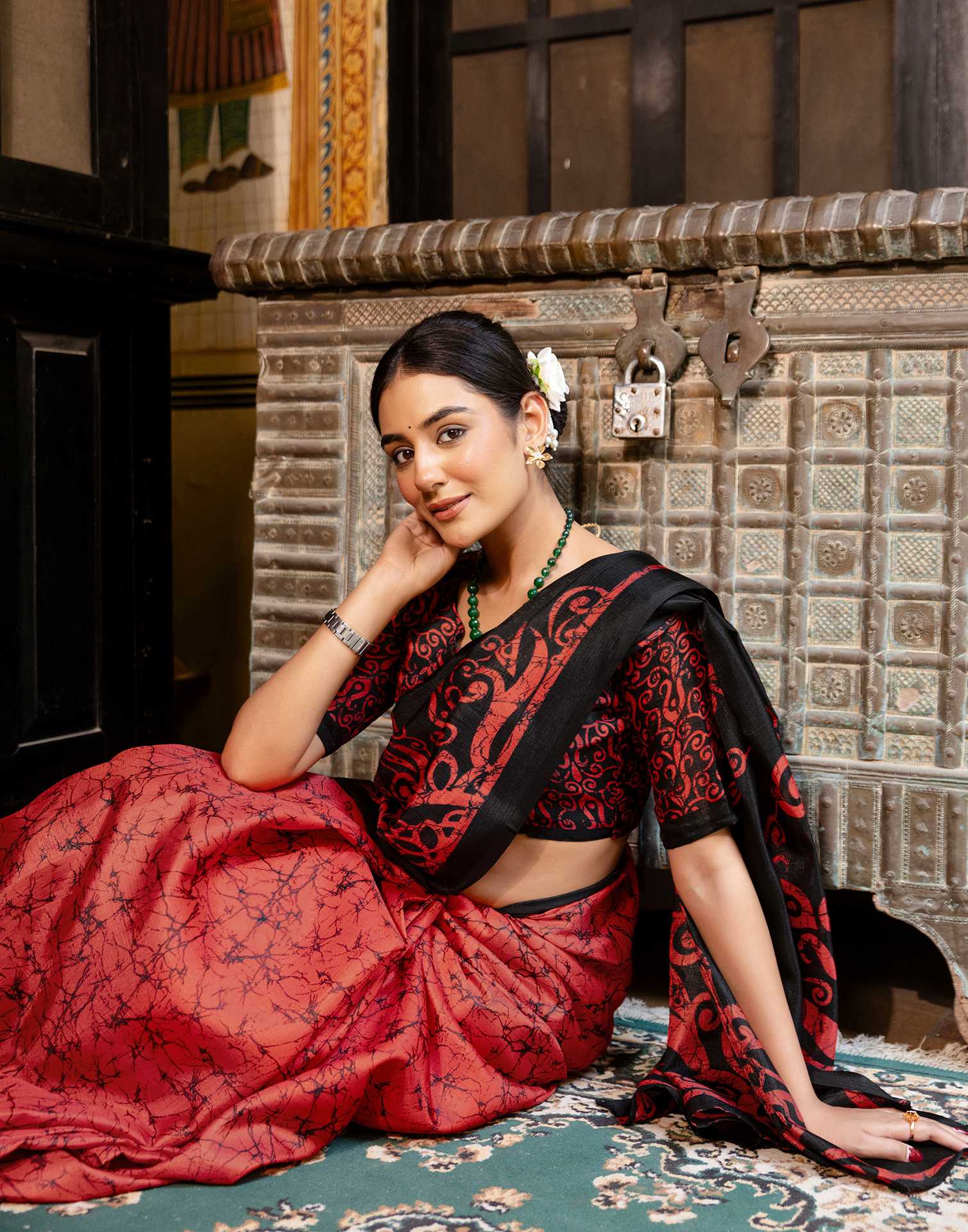Red Khadi Abstract Printed Saree