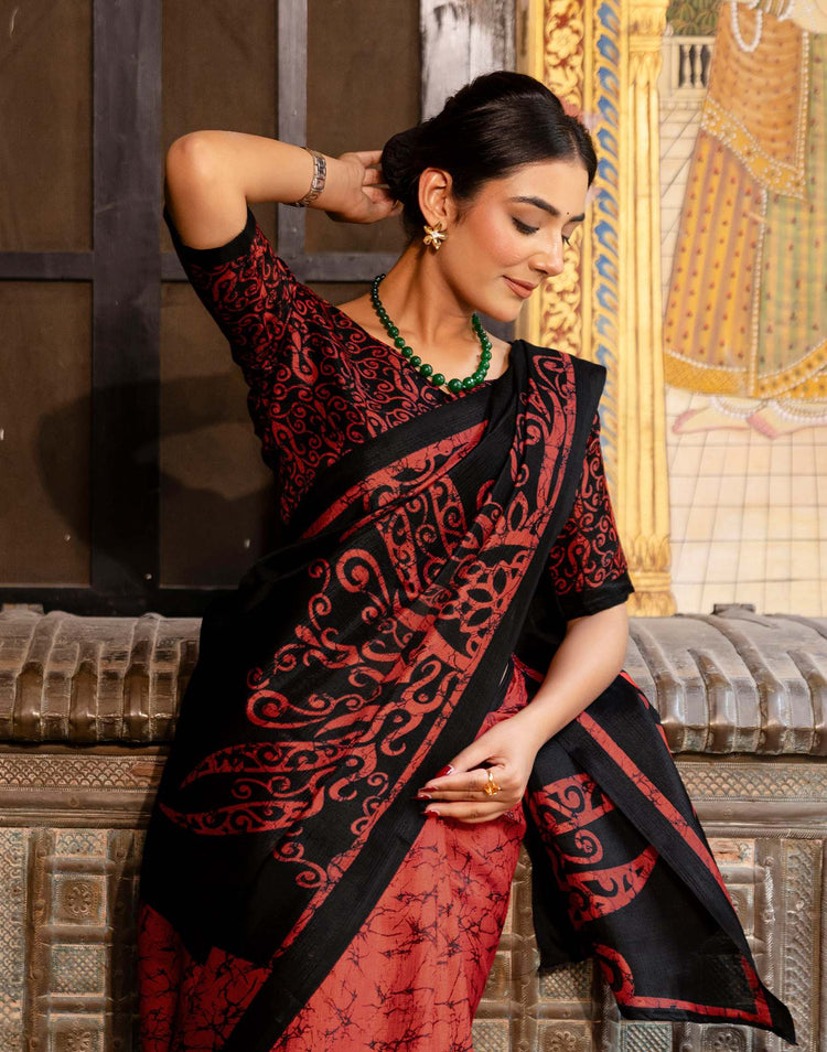 Red Khadi Abstract Printed Saree