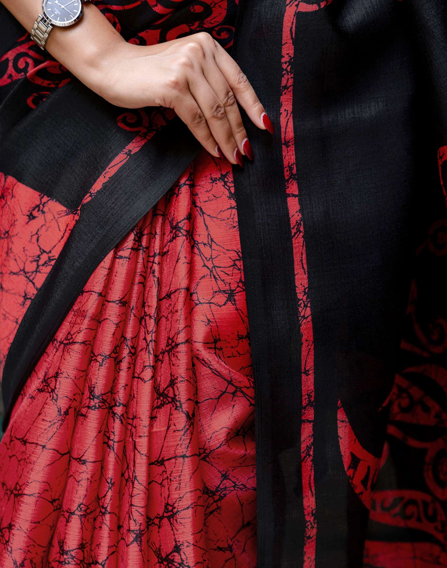 Red Khadi Abstract Printed Saree