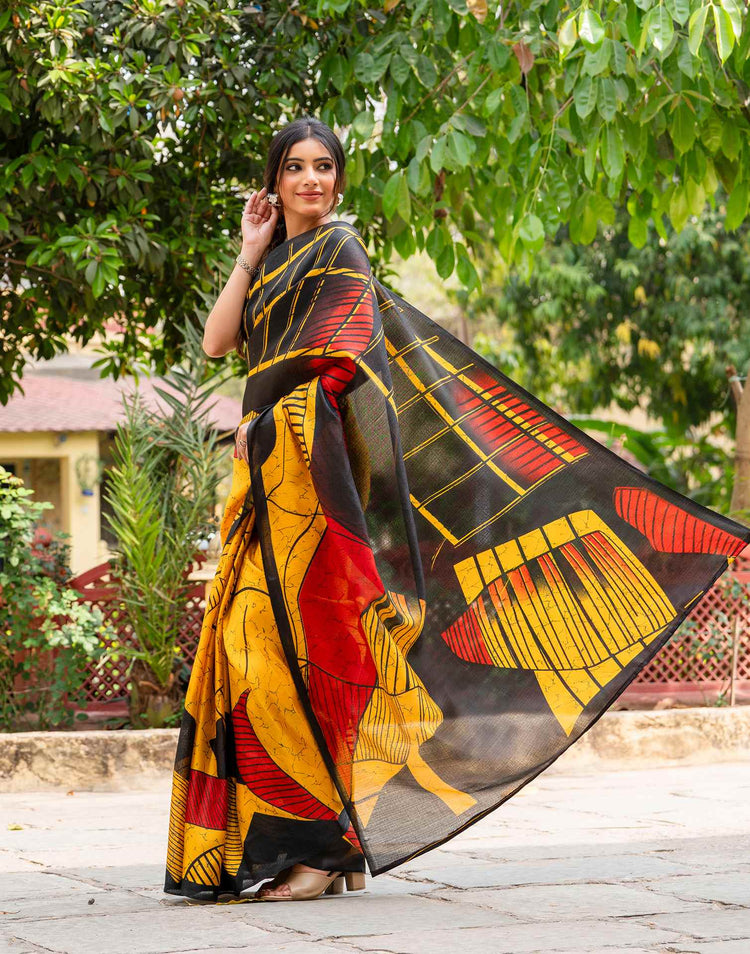 Yellow Khadi Printed Saree