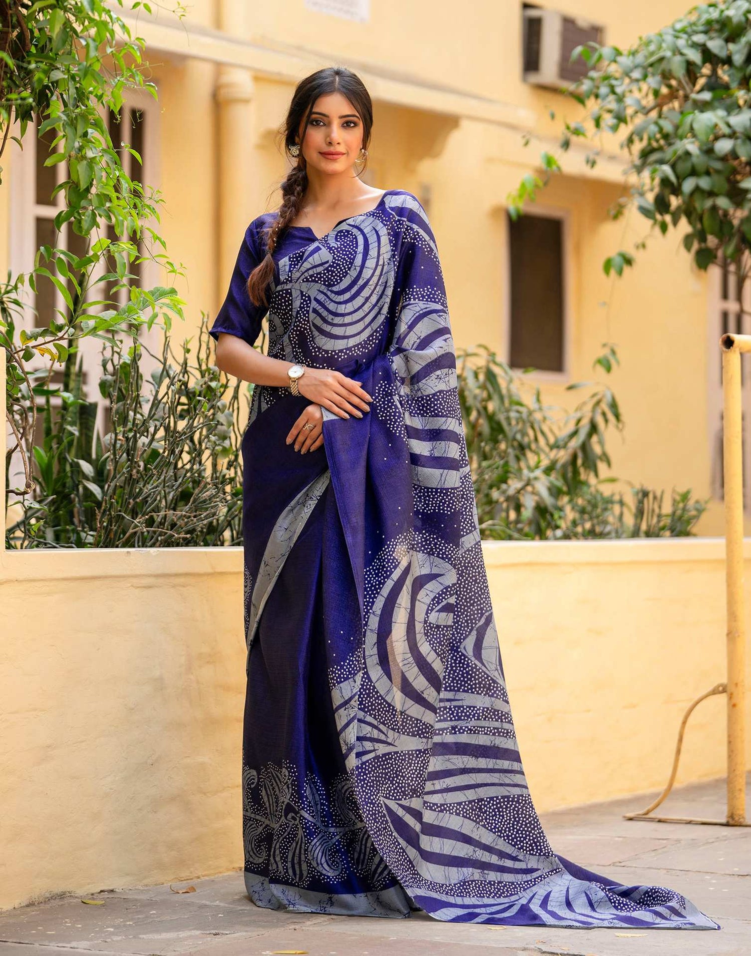 Navy Blue Khadi Printed Saree