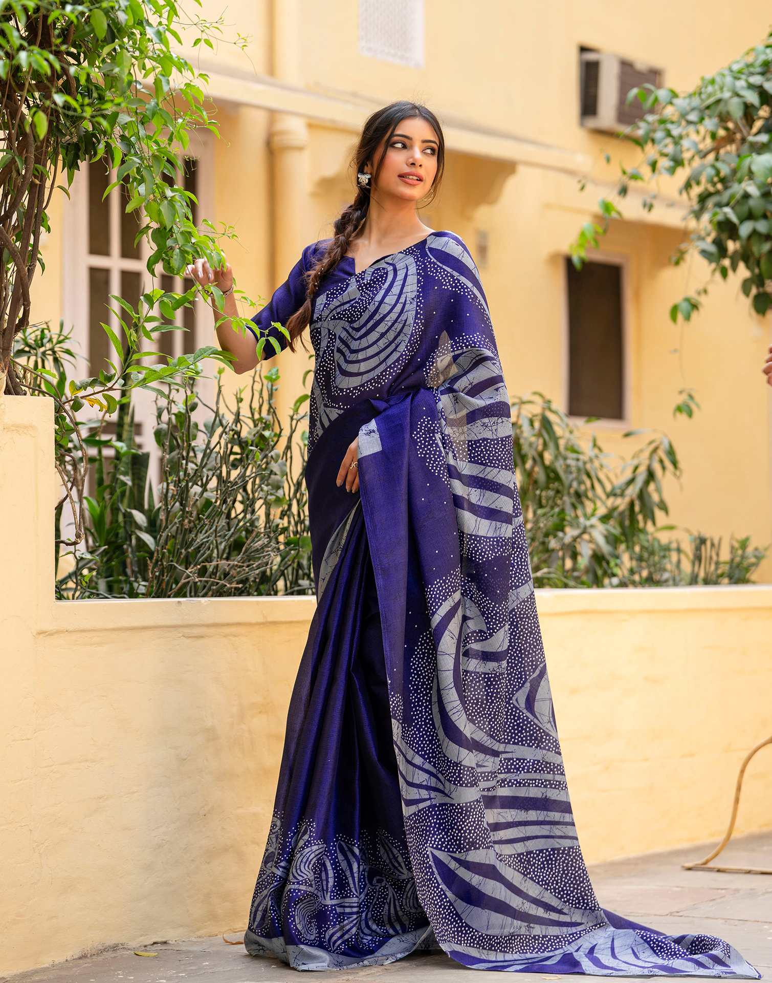 Navy Blue Khadi Printed Saree
