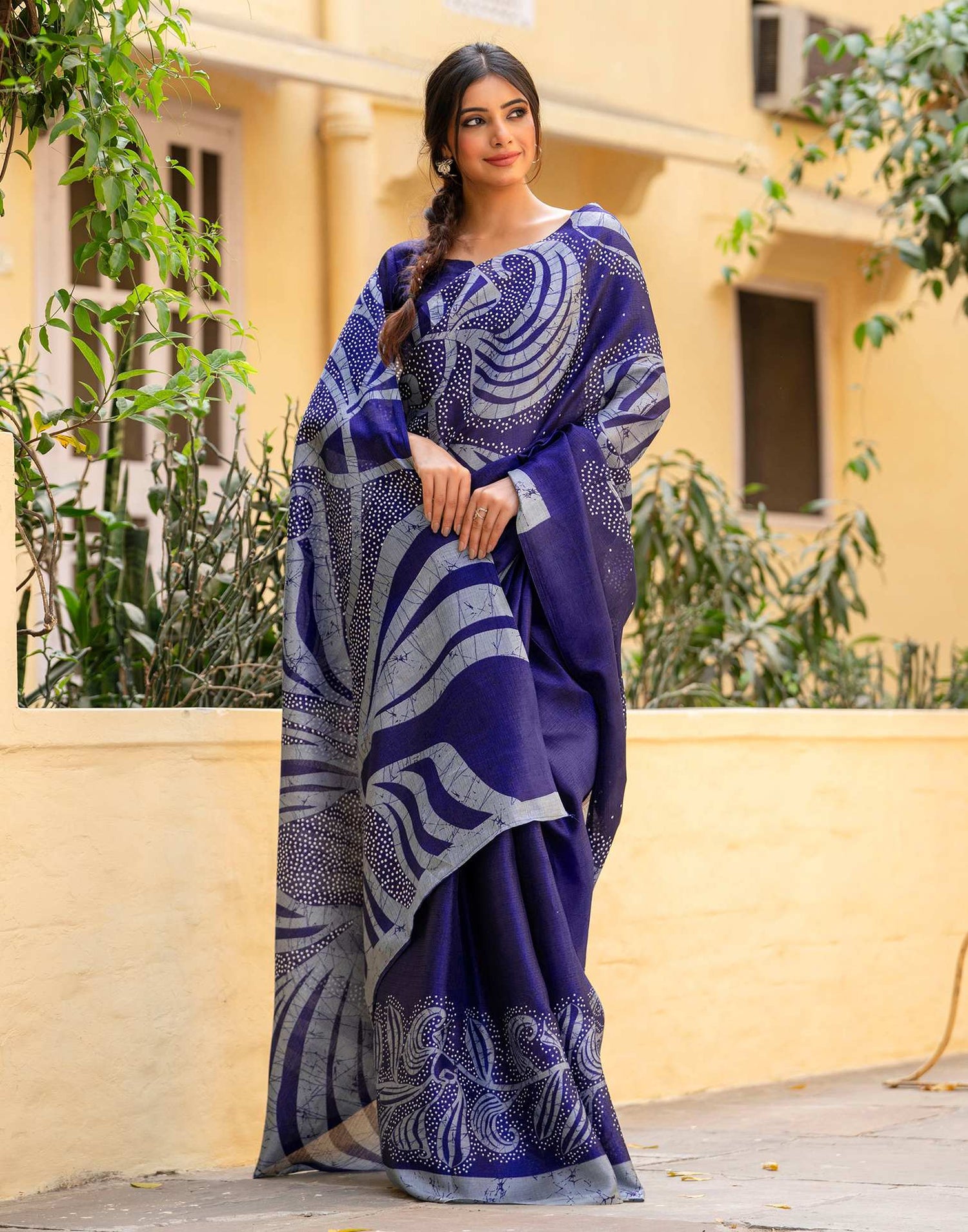Navy Blue Khadi Printed Saree