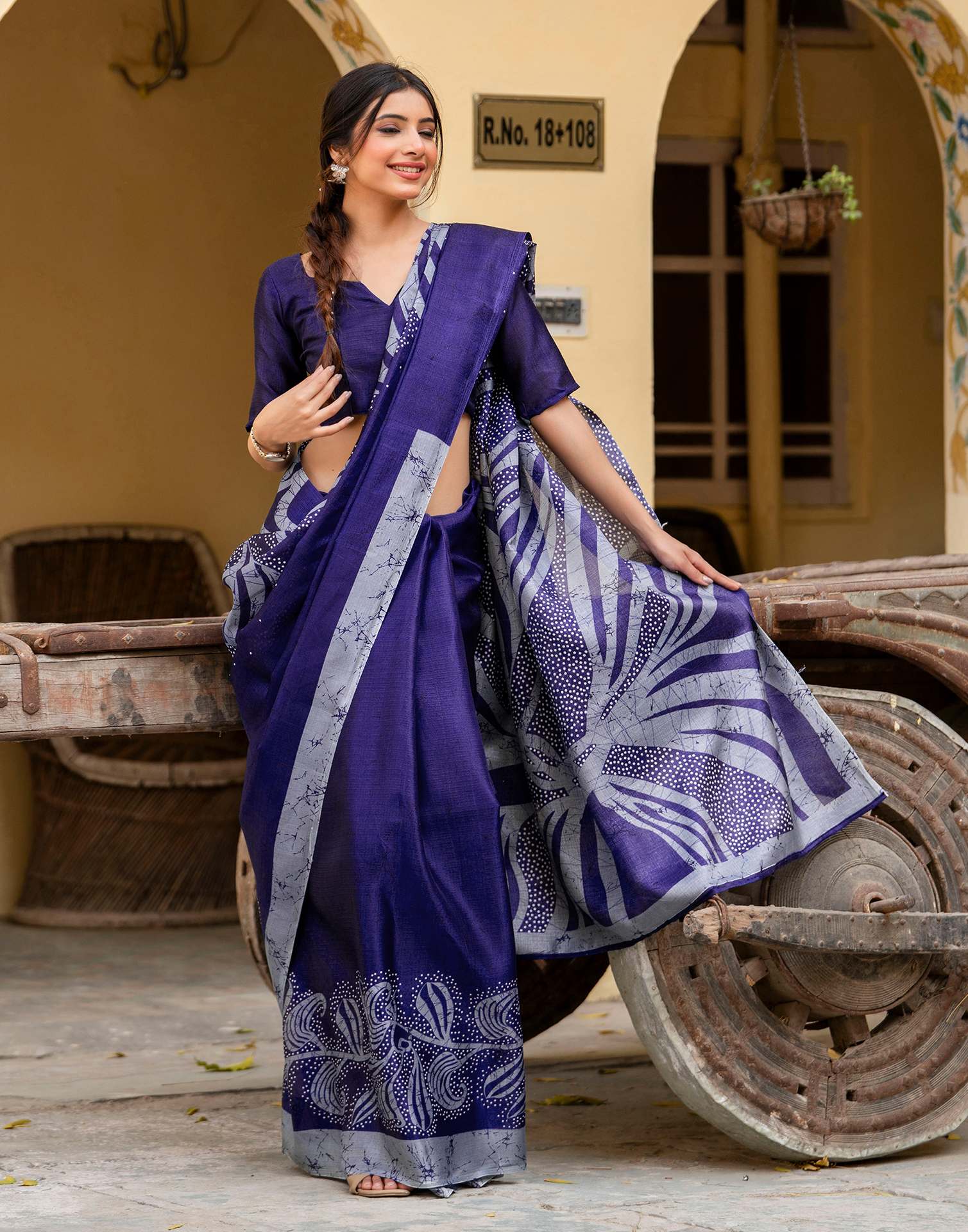 Navy Blue Khadi Printed Saree