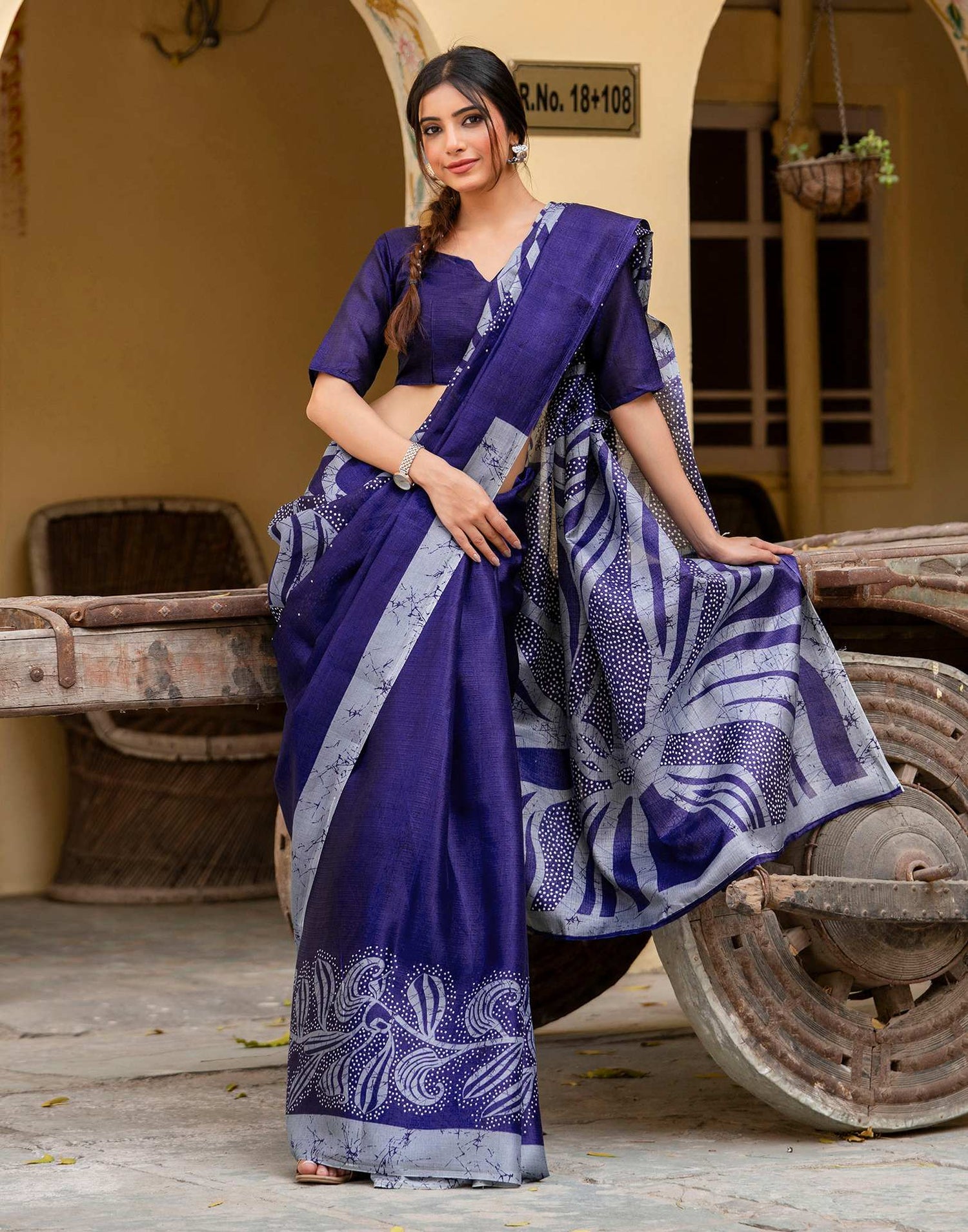 Navy Blue Khadi Printed Saree