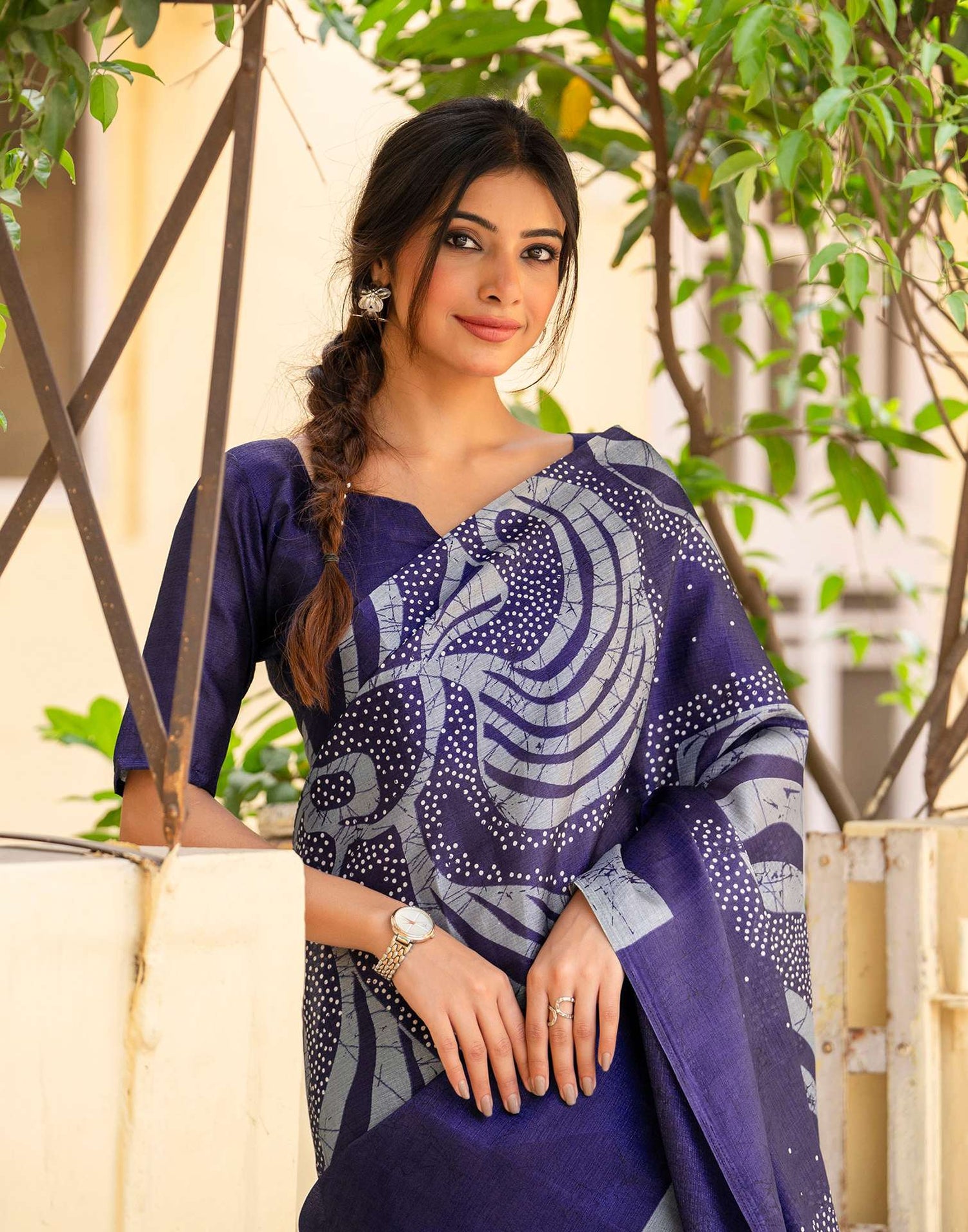 Navy Blue Khadi Printed Saree