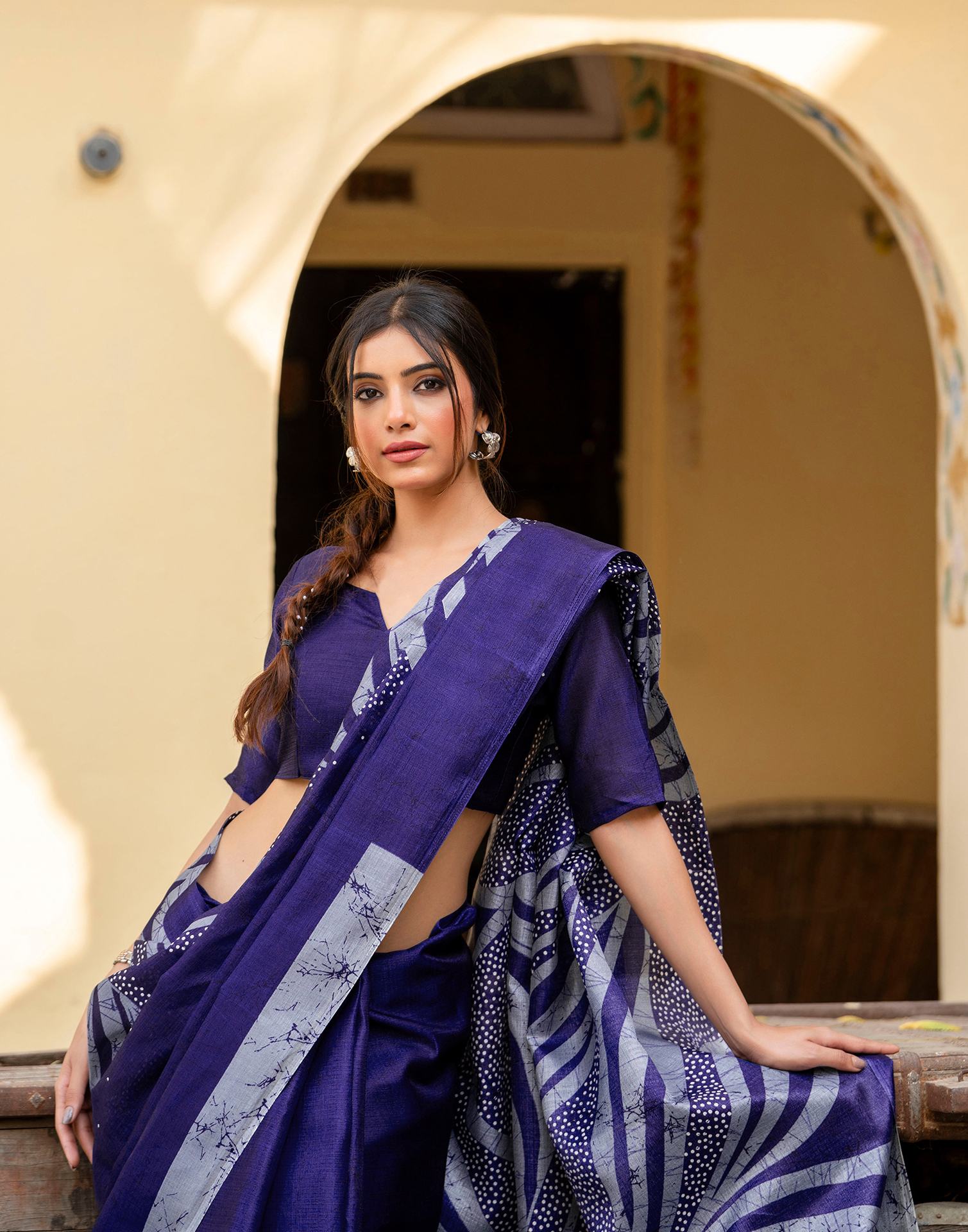 Navy Blue Khadi Printed Saree