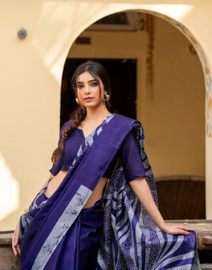 Navy Blue Khadi Printed Saree