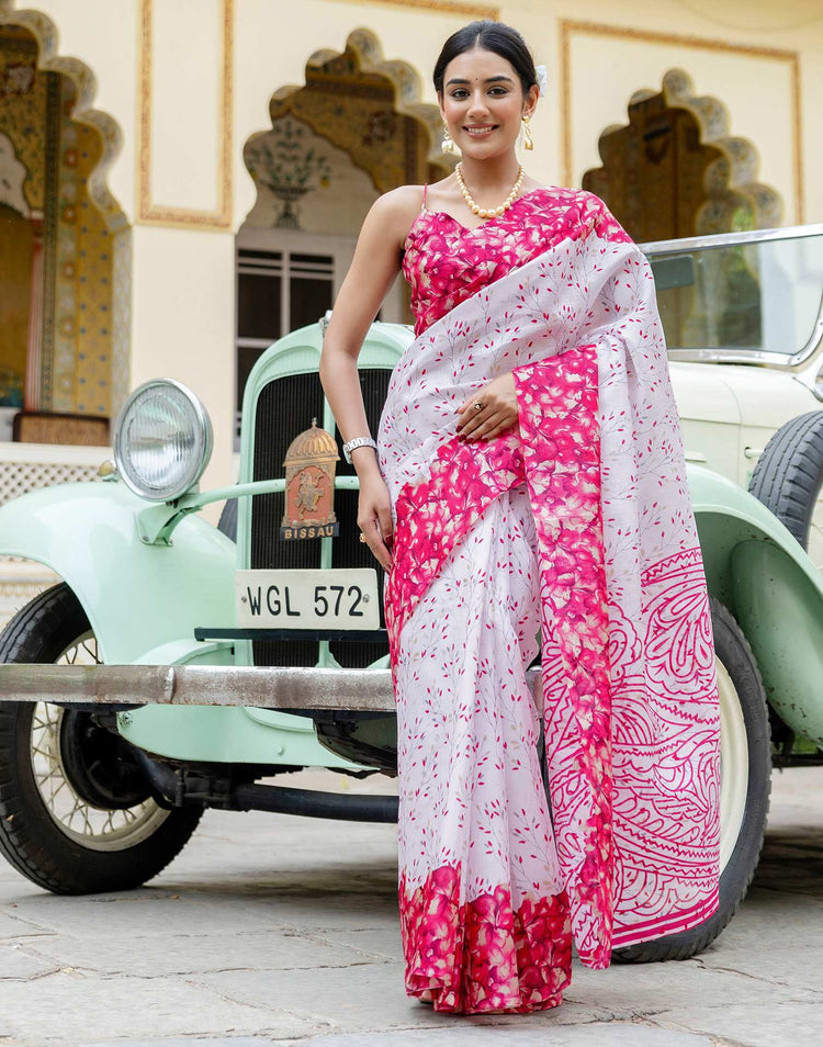 White Khadi Printed Saree