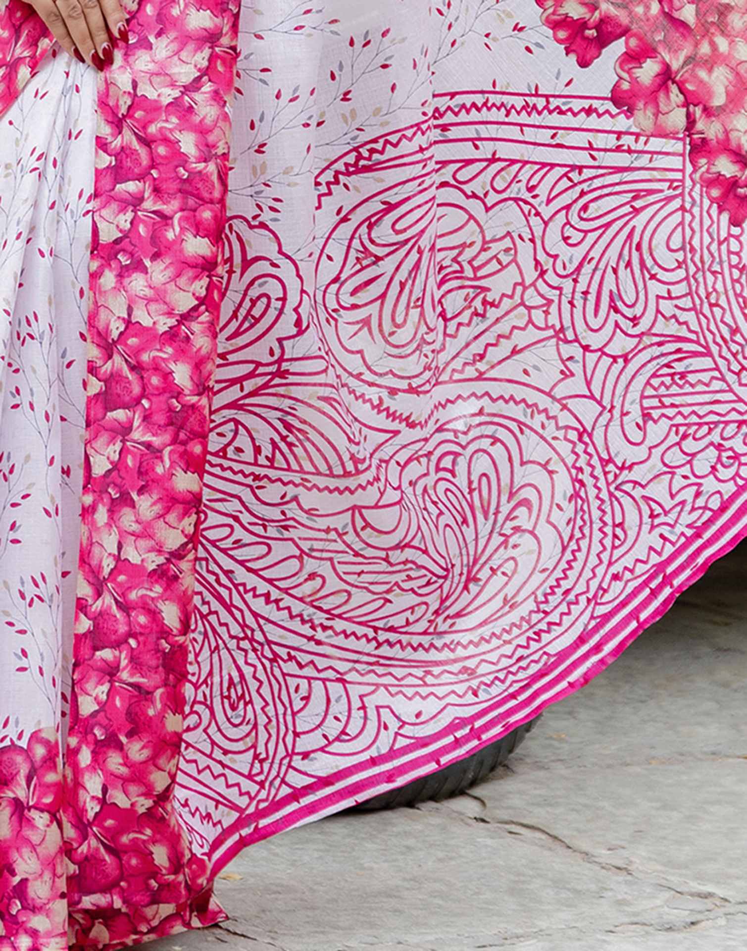 White Khadi Printed Saree