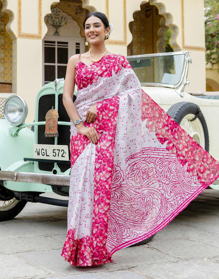 White Khadi Printed Saree