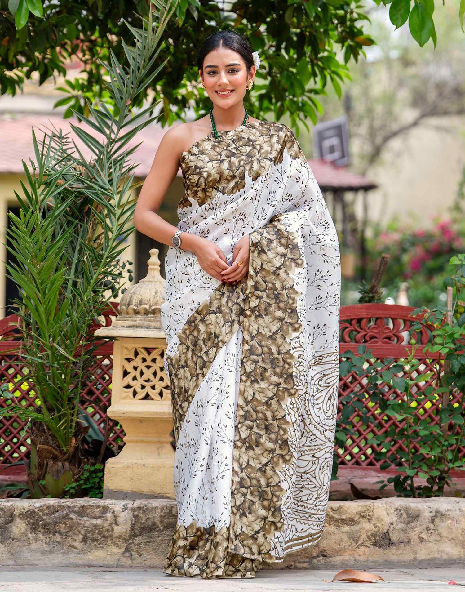 White Khadi Printed Saree