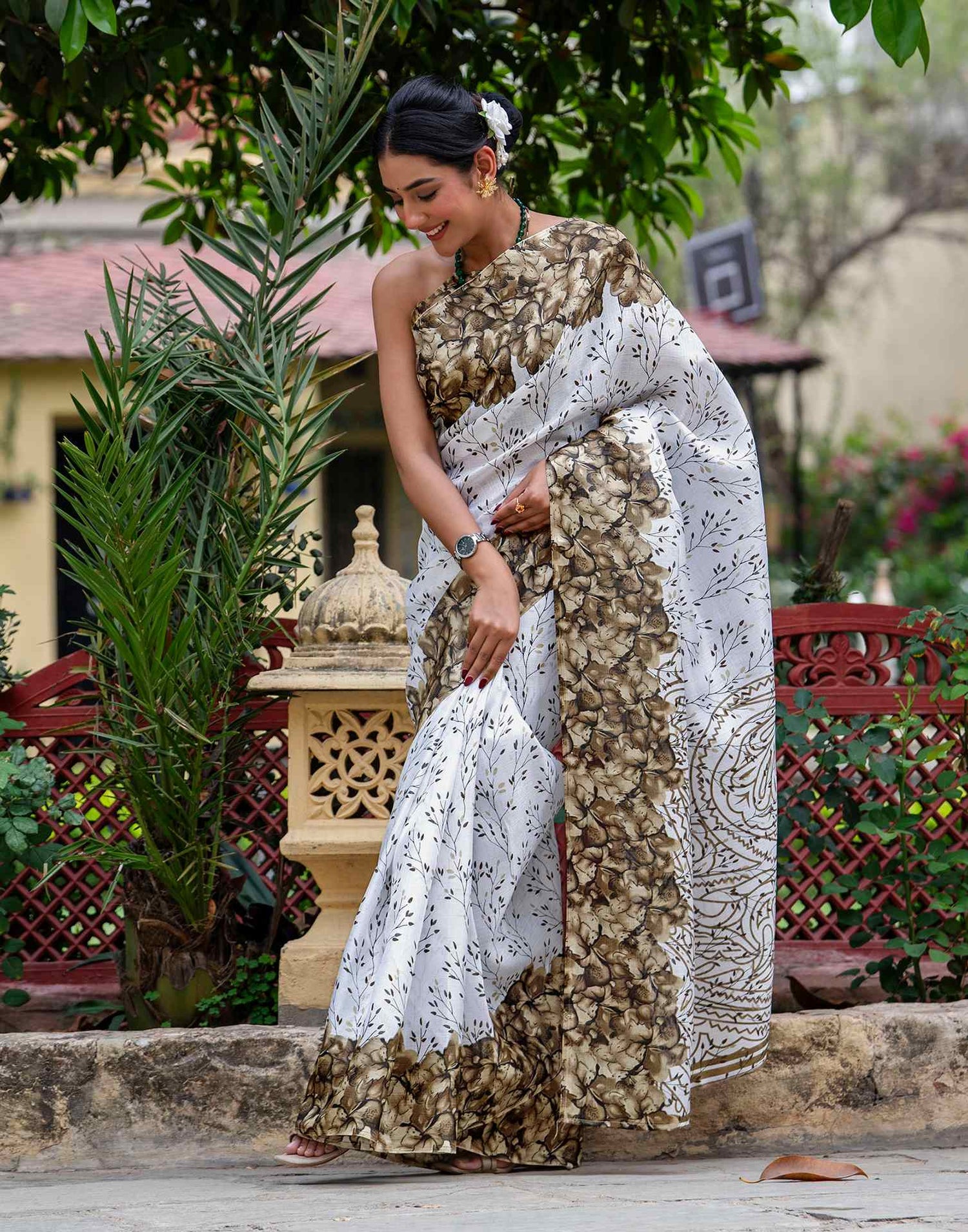 White Khadi Printed Saree