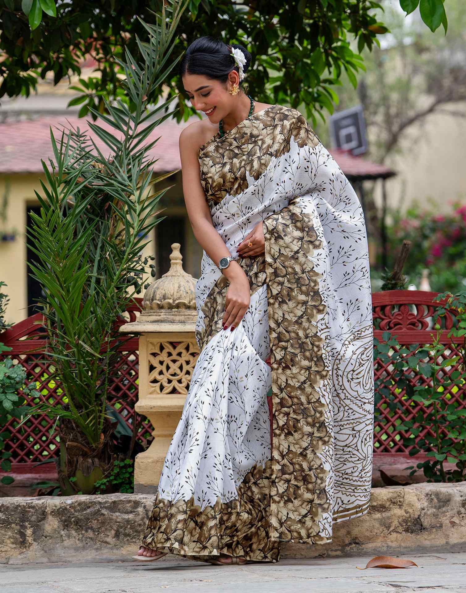 White Khadi Printed Saree