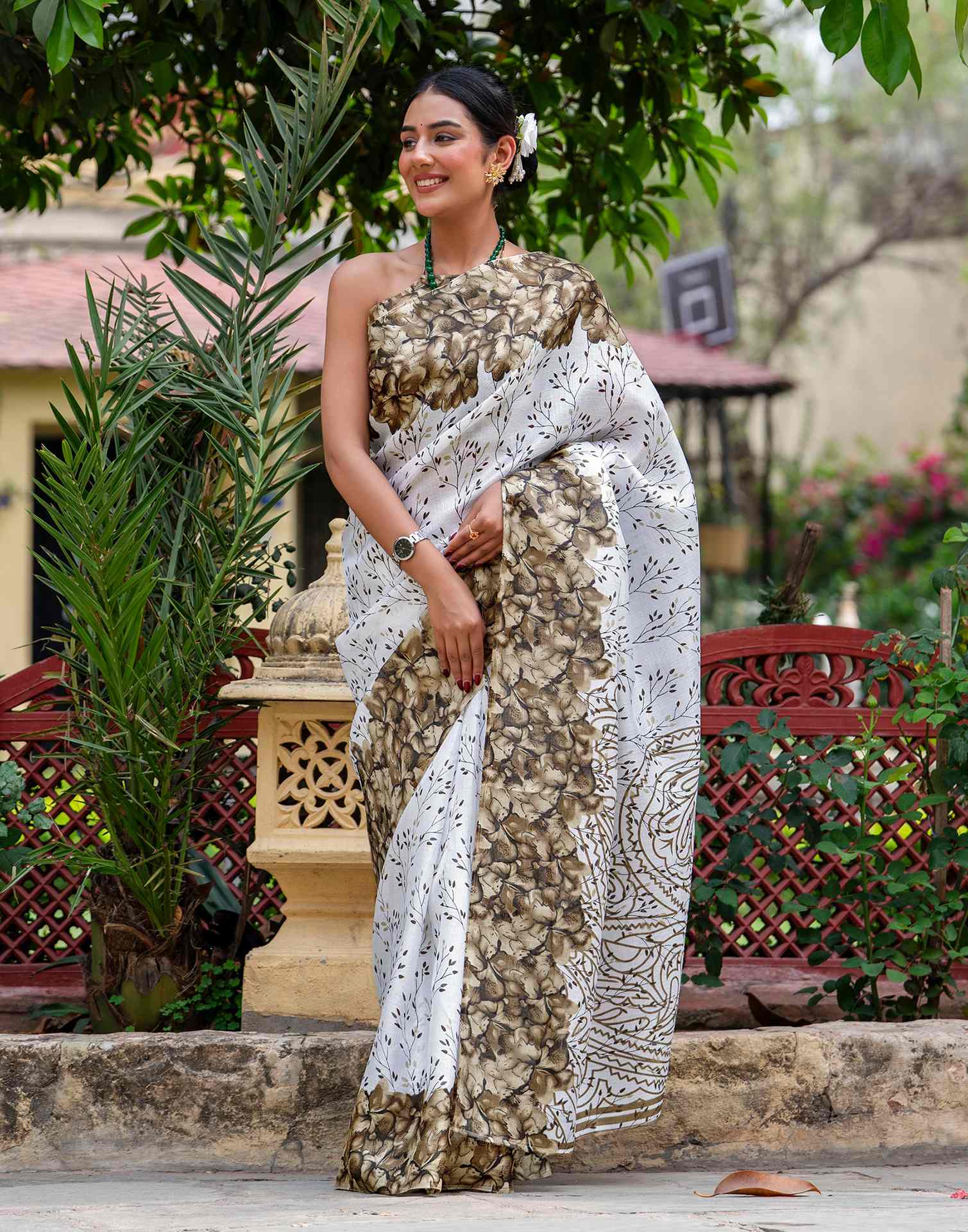 White Khadi Printed Saree