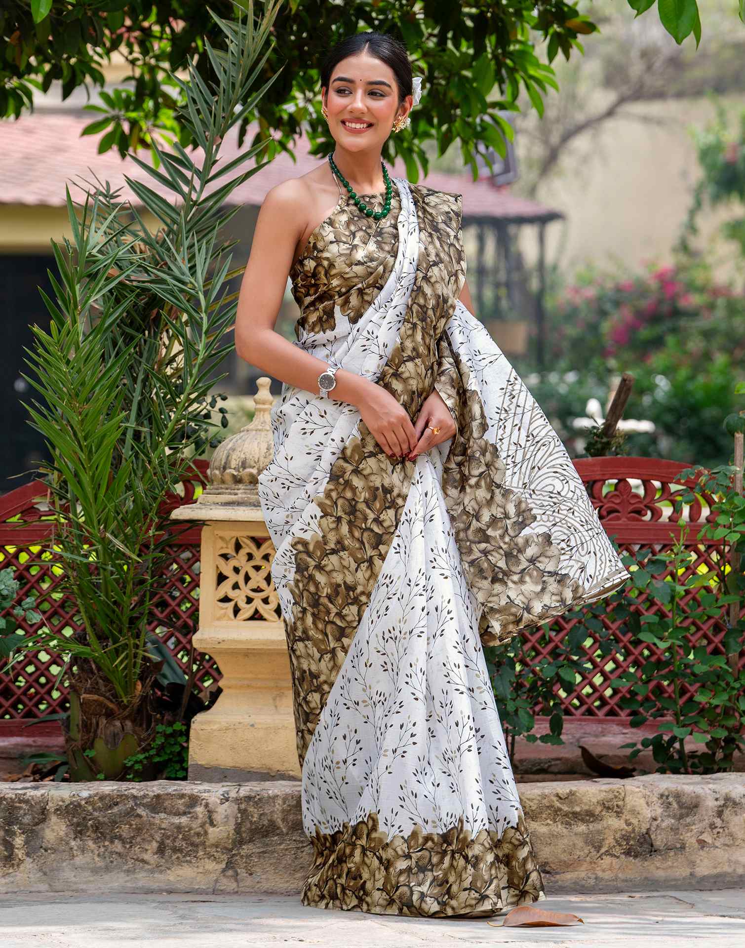 White Khadi Printed Saree