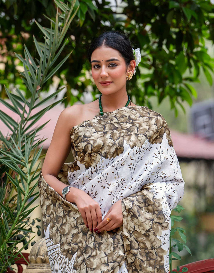 White Khadi Printed Saree
