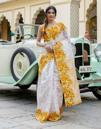 White Khadi Printed Saree