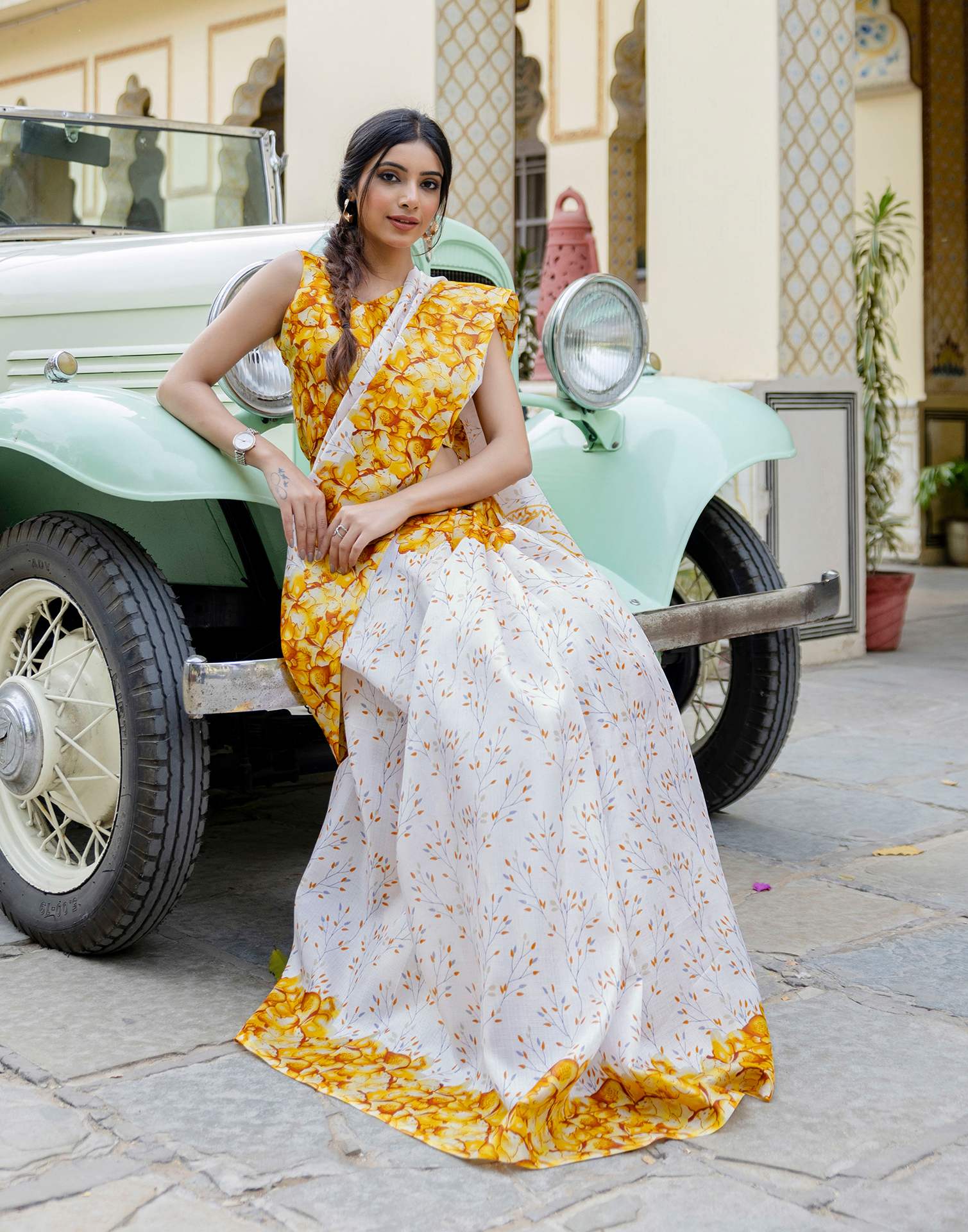 White Khadi Printed Saree