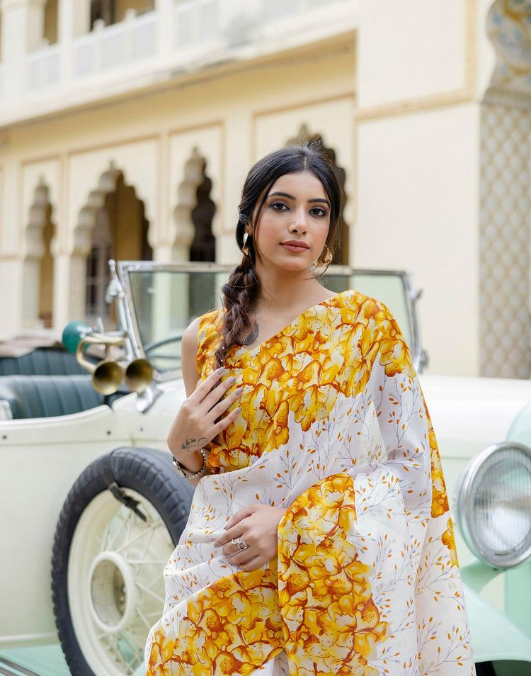 White Khadi Printed Saree