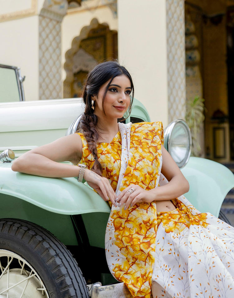 White Khadi Printed Saree
