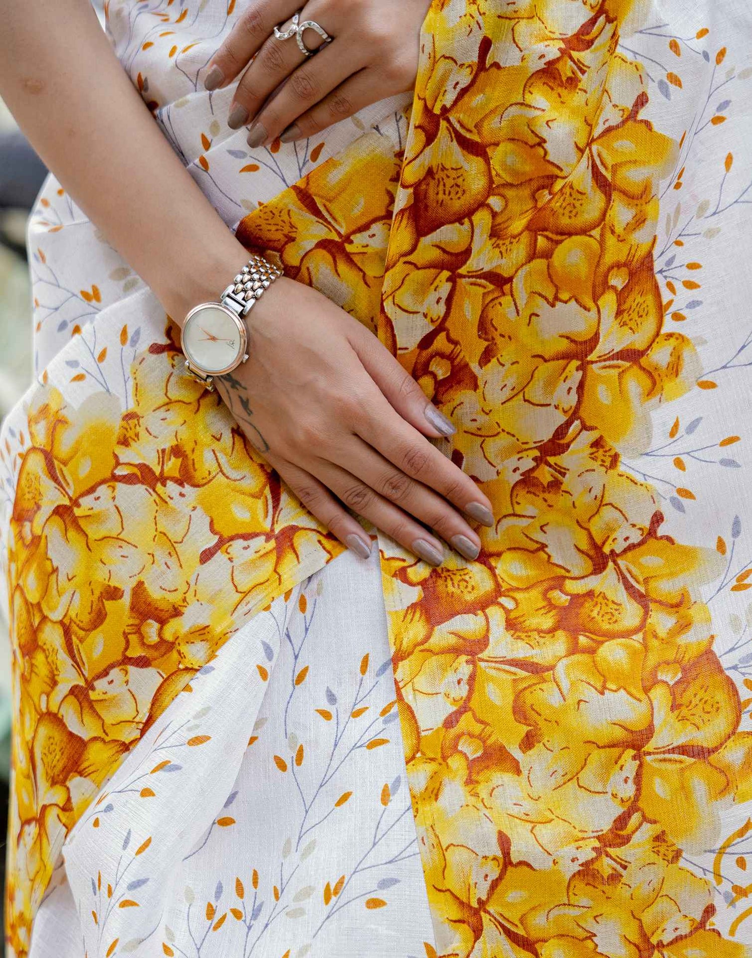 White Khadi Printed Saree