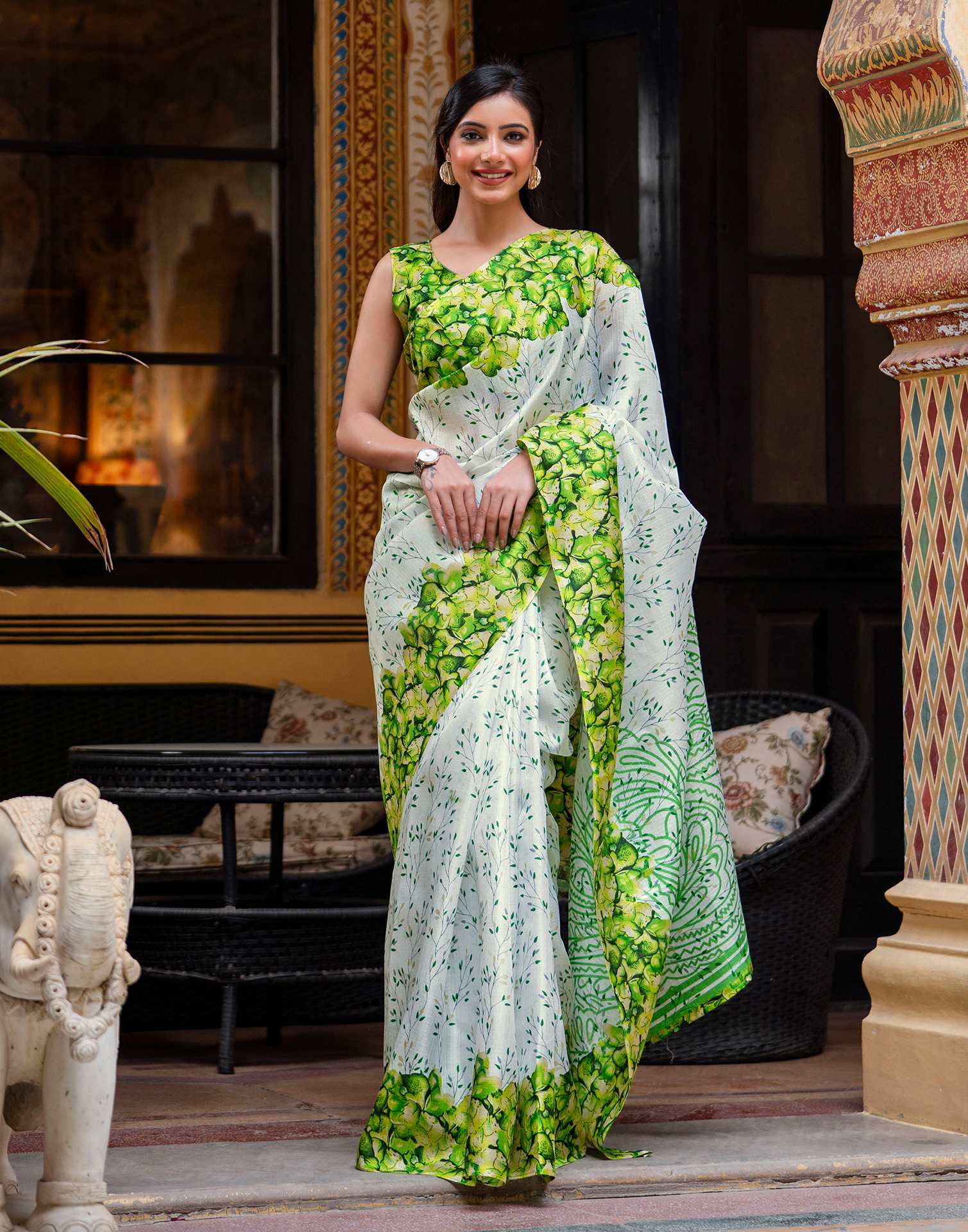 White Khadi Printed Saree
