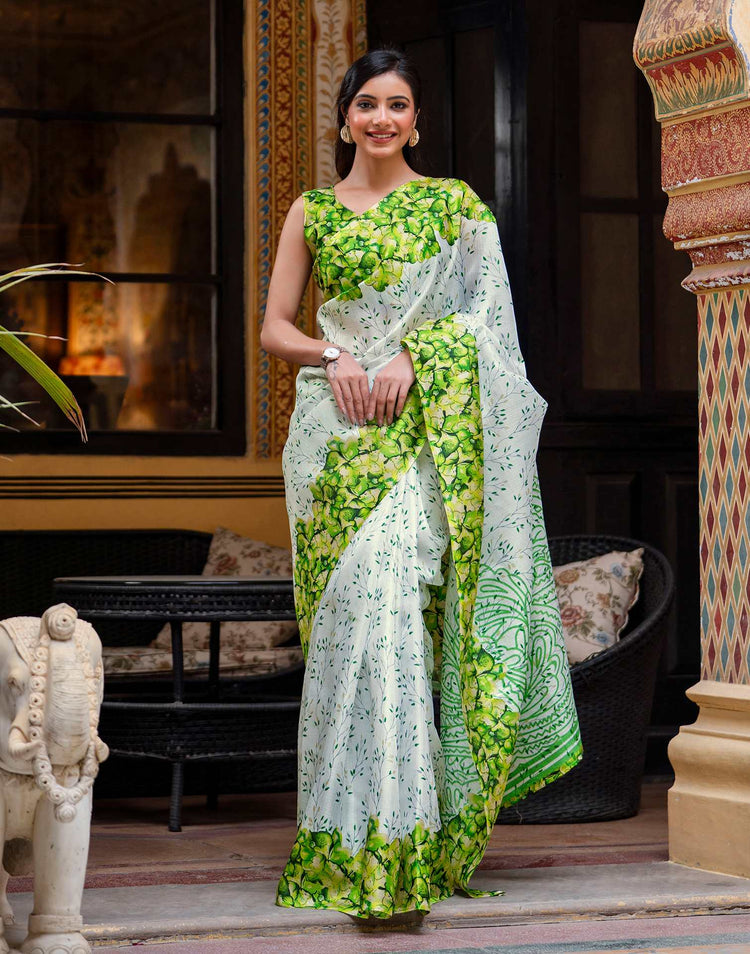 White Khadi Printed Saree